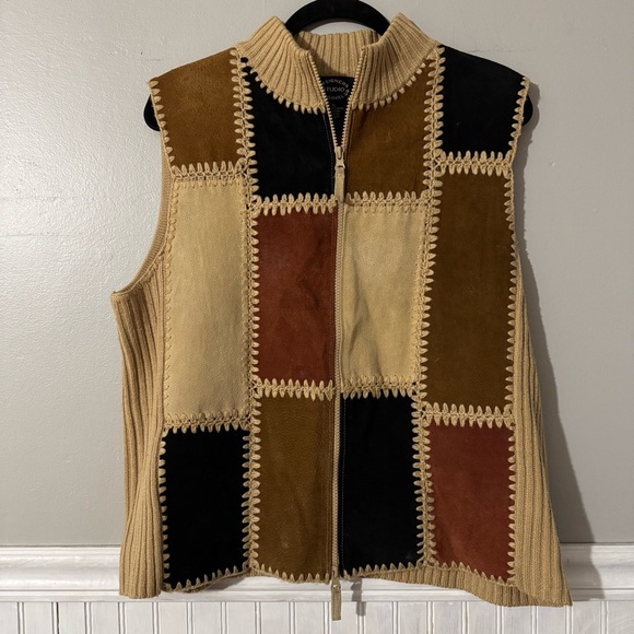 Vintage Designer Studio Originals Western Patchwork Leather Trim  Zip Up Vest XL - Picture 1 of 8
